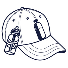 Stylized line art illustration of a baseball cap adorned with two baby bottles