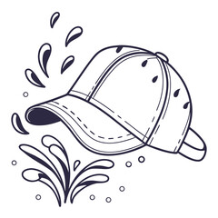 Stylized line art illustration of a baseball cap with splashing water droplets and abstract shapes