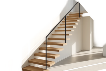 Floating wooden stairs with slim black rail against sunlit white wall and tiled floor on transparent background