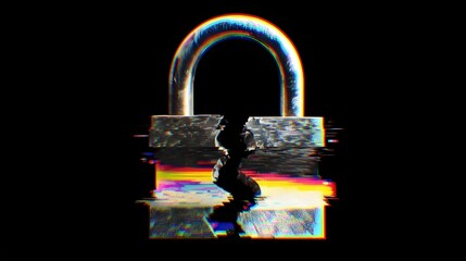 A digital representation of a glitchy padlock symbolizing cybersecurity and data protection.