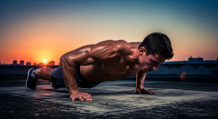 Man performing push-ups on rooftop at sunset for fitness training