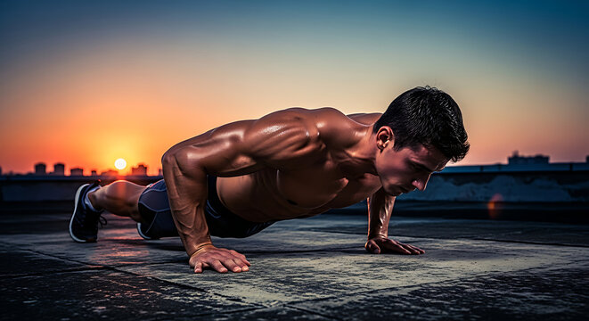 Man performing push-ups on rooftop at sunset for fitness training - Powered by Adobe