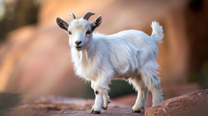 Obraz premium Young White Kid Goat Posing on Desert Rocks