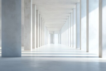 Fototapeta premium Sunlit architectural corridor with evenly spaced columns creating a rhythmic pattern of light and shadow, emphasizing depth and perspective.
