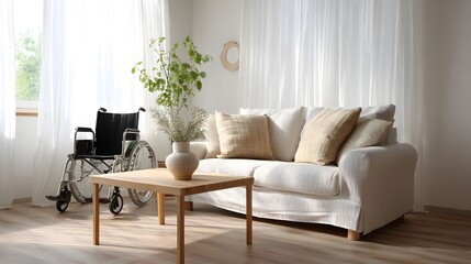 Obraz premium Cozy living room with a comfortable couch and wheelchair friendly design