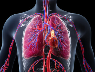 Detailed anatomical illustration of human lungs and heart.