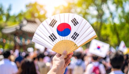 A person holds up a fan with the South Korean flag design above a crowd during a sunny outdoor event.
