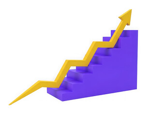 3d icon of a yellow upward trending arrow superimposed on purple stairs, symbolizing business growth, progress, and success, isolated on a transparent background