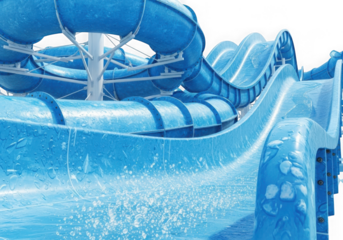 A thrilling waterslide in a vibrant blue hue offers an exhilarating experience at a waterpark on a sunny day isolated on transparent background
