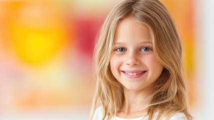 Obraz premium A young girl smiling brightly in a pastel dental clinic, exuding warmth and positivity.