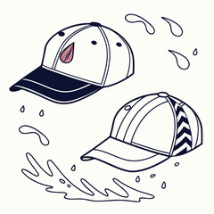 Two baseball caps with a red stain and water droplets around them