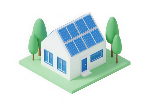 3d icon of modern house with solar panels on the roof, surrounded by trees, representing renewable energy and sustainable living, isolated on transparent background
