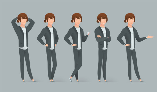 Stylish cartoon man with long brown hair tied in a braid, wearing a gray business suit and light sweater. Full body character in 5 dynamic poses, modern and approachable look.
