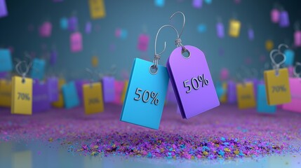 3D-rendered discount tags floating around a product display, with percentages like 30%, 50%, 70% highlighted