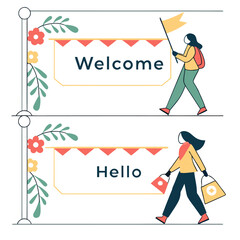 Fototapeta premium Illustration of two scenes with women walking by signs that say welcome and hello with floral accents