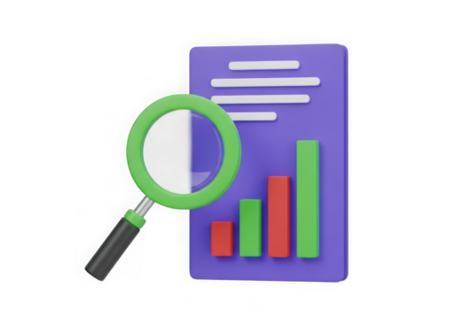 3d icon of magnifying glass over a financial report with bar charts showing growth and progress, isolated on transparent background