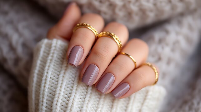Light hand with matte mauve nails gold rings and white sleeve in soft lighting cozy elegant winter fashion
