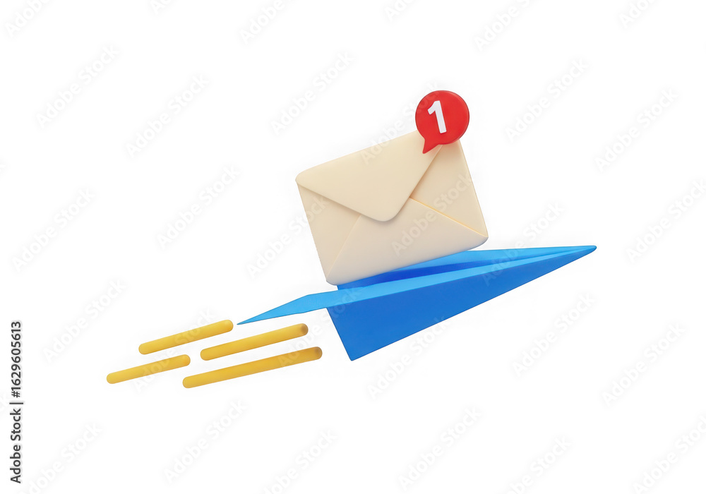 Poster 3d icon of paper airplane carrying an email with a notification icon isolated on transparent backgro