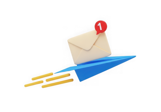 3d icon of paper airplane carrying an email with a notification icon isolated on transparent background
