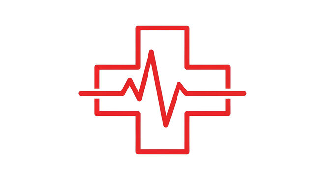 A red medical cross with a heartbeat line going through it on a white background in a minimalist style
