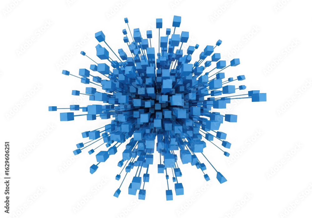Poster 3d icon of an abstract 3d visualization of interconnected blue cubes radiating outwards, representin