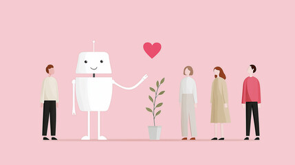 Friendly robot showing love to human people