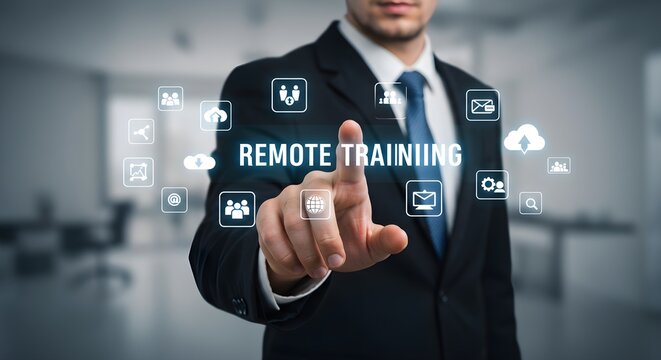 A businessman in a suit points to the words "Remote Training" with digital icons surrounding. - Powered by Adobe