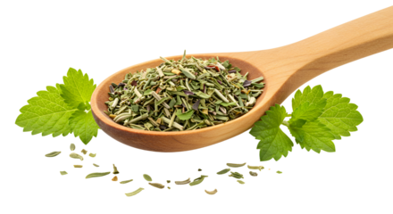 Dried herbal tea leaves in a wooden spoon with fresh green mint leaves isolated on white background, perfect for tea packaging and health blogs