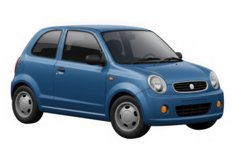 3d icon of a small, blue hatchback car, isolated on transparent background, representing modern personal transportation and urban mobility