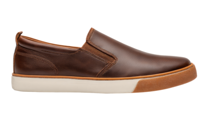 Side view of a brown leather slip-on shoe with a chunky sole