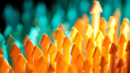 Abstract macro photograph of many sharp pointed orange and yellow objects with a blurred teal background suggesting growth and upward movement