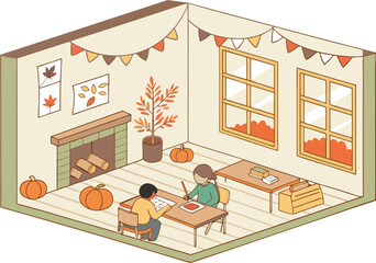 Isometric view of a cozy autumn classroom with children studying near a fireplace and fall decorations