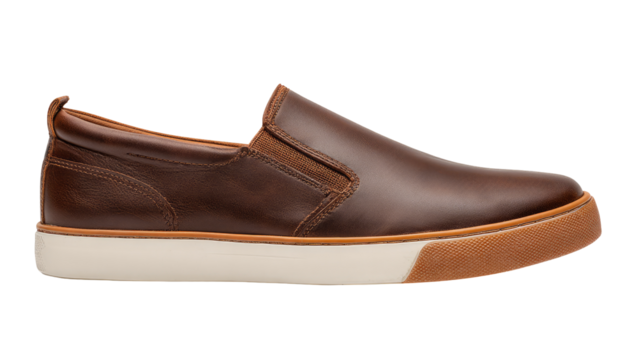 Side view of a brown leather slip-on shoe with a chunky sole