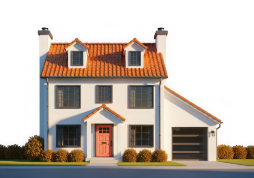 3d icon of modern suburban family house with orange tiled roof and red door, isolated on transparent background - Powered by Adobe