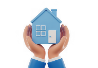 3d icon of two hands gently holding a small blue house, isolated on a transparent background, symbolizing home security, protection, and real estate