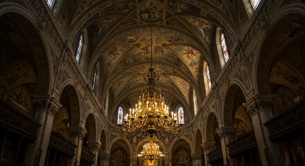 Fototapeta premium Ornate church interior, vaulted ceiling, golden chandelier