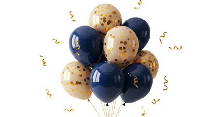Gold and navy blue balloons with confetti and streamers, festive decoration for celebrations and events