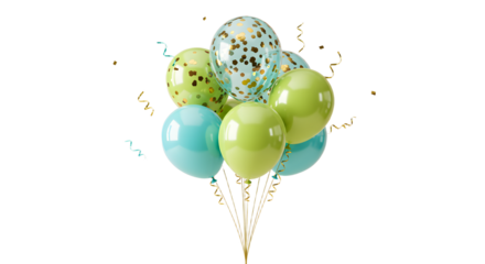 Green and blue balloons with confetti and curly ribbons isolated on white background, festive decoration perfect for party celebrations
