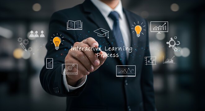Businessman in suit drawing icons representing interactive learning process on a transparent screen.