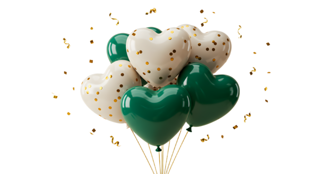 Green and white heart-shaped balloons with gold confetti, festive decoration perfect for weddings and romantic events