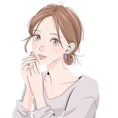 Illustration of a woman with hands near her face and purple earring