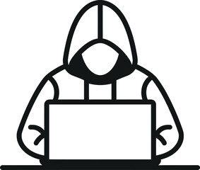Stylized icon of hooded hacker figures typing on laptops with dark theme - vector illustration