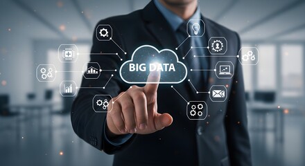 A man in a suit interacts with a digital cloud interface displaying "Big Data" surrounded by various tech icons.