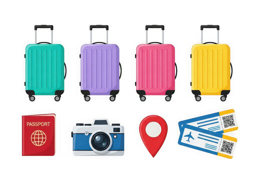 3d icon of a collection of travel essentials including colorful suitcases, a passport, boarding tickets, a camera, and a location pin, isolated on a transparent background - Powered by Adobe
