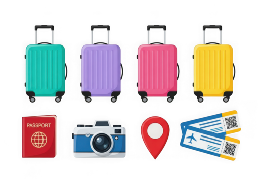 3d icon of a collection of travel essentials including colorful suitcases, a passport, boarding tickets, a camera, and a location pin, isolated on a transparent background