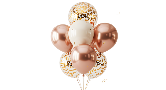 Rose gold and white balloons with gold confetti for festive party decoration and celebration accessories - Powered by Adobe