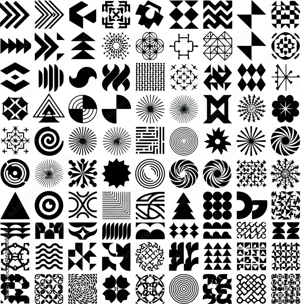 Poster vector art of a diverse collection of abstract geometric shapes and patterns, isolated on white back