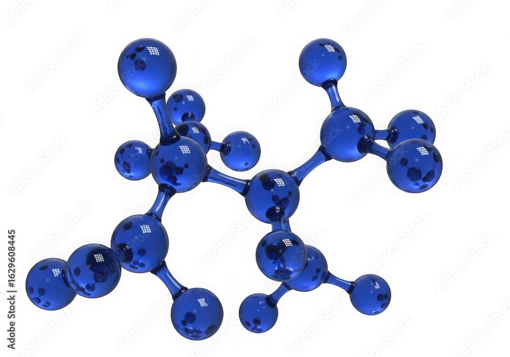 Poster 3d icon of a 3d rendering of a blue molecular structure with interconnected atoms, isolated on a tra