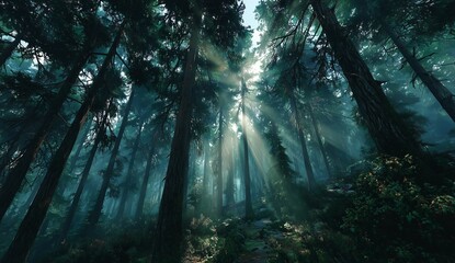 Obraz premium Ethereal misty forest with tall trees and sun rays shining through the fog at sunrise, tranquil nature landscape with soft light and atmospheric mood in the early morning woodland scenery