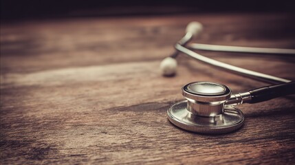 A stethoscope resting on a wooden surface, representing medical professionalism.